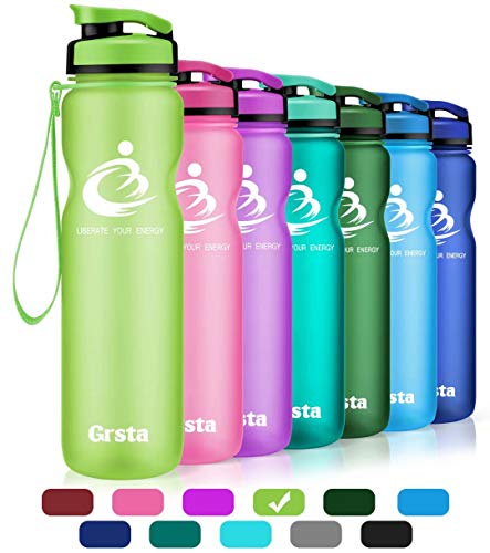 Grsta Bottiglia d'Acqua Sportiva - 32oz-1000ml Borraccia Sportiva, a Prova di perdite, Riutilizzabile Senza BPA tritan plastica Detox Bottiglie Acqua per Palestra, Sport, Yoga, Borraccia (Verde)