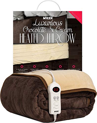 MYLEK Electric Heated Throw / Over Blanket in Chocolate & Cream - 9 Heat & Timer Settings - Easy To MYLEK Electric Heated Throw / Over Blanket in Chocolate & Cream - 9 Heat & Timer Settings - Easy To