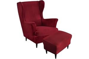 Highdi 2 Pezzi Velluto Copripoltrona con Orecchie e Copri Pouf Elasticizzato, Copridivano da 1 Posto con Fodera per Cuscino, Lavabile Rimovibile per Bar Soggiorno Camera da Letto (rosso scuro)