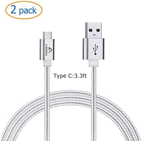 USB Type C Cable [2 Pack], LANAU 3.3ft Nylon Braided USB-C to Usb 2.0 (C to A) Charge Cable with 56k Ohm Pull-up Resistor, for New Macbook, Chromebook Pixel, Nexus 5x/6p and More USB C Devices White
