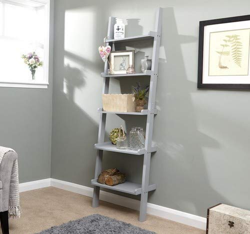 Home Source - 5 Shelf Ladder Bookcase Grey Decorative Ornament Stand Modern Wooden
