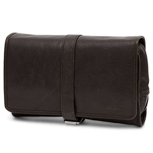 Lucleonby Trendhim Montreal Leather Wash Bag for Men Travel Toiletry Organizer Large WaterResistant Bathroom Shaving Dopp Kit with Handle (Brown)