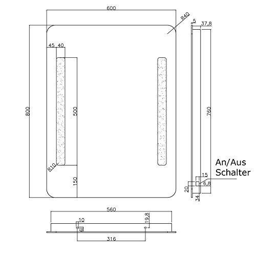 NEG Badspiegel MITRA 80x60cm (HxB) Spiegel (abgerundet) mit integrierter und energiesparender LED-Beleuchtung (warmweiß 3000 Kelvin) IP44 - 6