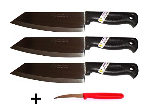 3 x Kiwi Thai Kochmesser Küchenmesser No. 173 Messer Klinge Stahl Griff Kunststoff + Garniermesser Entkernungsmesser für Obst und Früchte