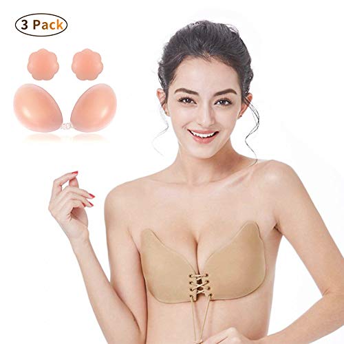 WYJP Sujetador Adhesivo, Mujeres Silicona Invisible Reutilizable Push UP Bra sin Tirantes Espalda, Gel Adhesivo y Ajustable String, Cubierta de Pezón, 3 Pares para El Vestido de La Boda (D)