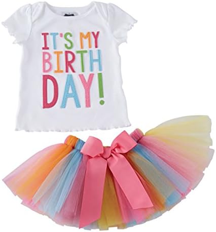LYhoneys Toddler Girls 2pcs Skirt Set It's My Birthday Print T-Shirt and Rainbow Tutu Skirt Outfits Set (Short Sleeve, 6-7T)