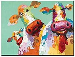 WZW Home Hand Painted Cartoon Cow Oil Painting On Canvas Modern Abstract Wall Art Picture For Home Decoration Ready To Hang , include inner frame , 20" x 28"