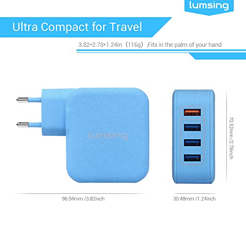 Lumsing Schnellladegerät 4-Port USB Wandladegerät, Wall Charger mit 3 Smart Ports und 1 Quick-Charging Port für iPhone, Samsung, HTC, Nokia iPad, iPod, Nexus usw. – Blau - 2