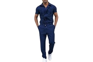 Oanviso Herren Overalls Einteiliges One-piece Sommer Jumpsuit Einfarbig Set Kurzarm mit Reißverschluss Hose Lang mit Taschen Mode Casual Overall Hemd mit Revers