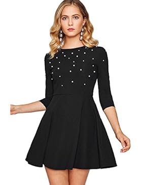 ROMWE Damen Elegant Kleid mit Perlen A-Linie Faltenrock Halbarm Herbst Winter Skaterkleid