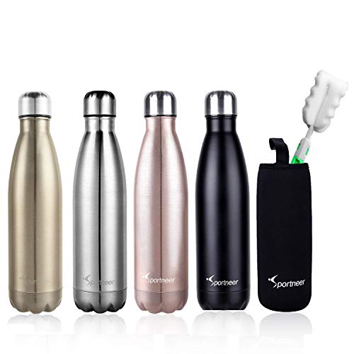 Sportneer Botella de Agua, Botella 17oz Doble Pared Aislada al Vacã­o de Acero Inoxidable, Botella de Agua, BONOS Cepillo de Limpieza y Funda de Botella