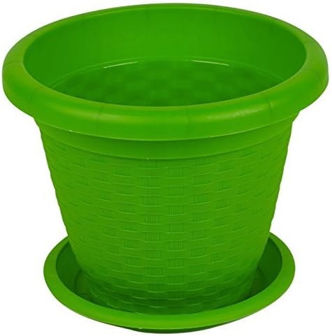 DUPLASTRattan Plant Flower Pot Coloured Stackable Pot & Saucer Herb Planter Garden (Green - 35cm)