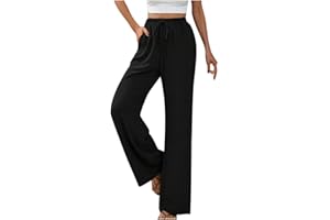 GUCURIN Pantalon Large Femme Chanvre Confortable Respirant Taille Haute Longue Sweatpants Chic Taille Elastique Jogging Plage avec Poches à la Mode Bureau Vacances Loisirs