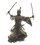 Schöner Verpackung. Poliert Bronze Japanische Samurai Warrior Figur - Samurai mit Pferdeschwanz und Schwertern Statue