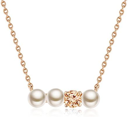 925 Sterling Silver Plated in Red Color Freshwater White Pearl CZ Necklace (16") Women Girl Jewellery