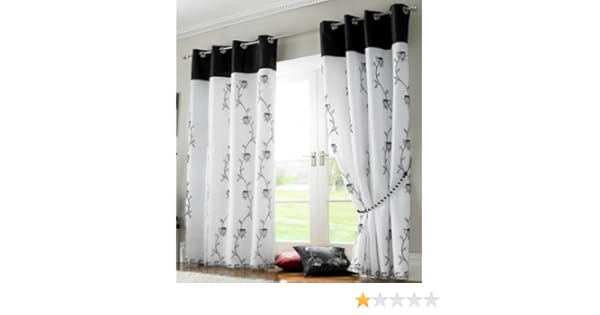 Tahiti Lined Black White Embroidered Voile Curtains With Chrome