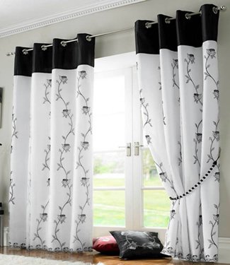 White / Black Eyelet Curtains - Embroidered Lined Voile - Tahiti 56'' x 72''