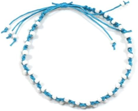 Gower Coast CraftsHandmade Turquoise Cotton Macrame and Pearl White Seed Bead Adjustable Anklet