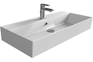 ‎AQUA BAGNO Aqua Bagno | Eckiges Design Waschbecken, hochwertige Keramik, Badezimmer, dünner Rand, hohe Qualität | 90 x 42 cm
