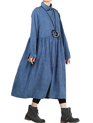 Mallimoda Femme Robe en Velours côtelé Manches Longues Chemisier Plissées Tunique Jean Bleu L
