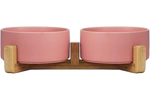 HCHLQLZ Rose Pet Gamelles pour Chien et Chat Gamelles Chien Chat Céramique Support Bambou -Va au Lave-Vaisselle et Facile à Nettoyer (2 Bol)