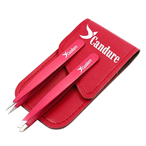 Candure Pinzas Depilar Profesionales - Pinza de Pelo de Acero Inoxidable de Punta para Pelos Faciales, Espinillas y Astillas - Juego de 2 - Rosada (Puntiagudo y Inclinado)