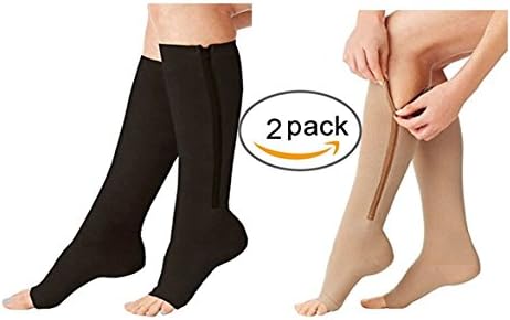 2 Pairs Compression Socks Men/Women Open Toe Leg Support Stocking Knee High Socks with Zipper 15-20 mmHg