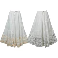 Mogul Interior 2pc Women's White Maxi Skirt Cotton Gauze Gypsy Hippie Bohemian Skirts M