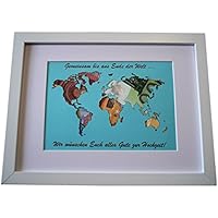 Geldgeschenk mit Ihrem / meinem Text auf der Weltkarte im Bilderrahmen