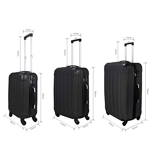 Todeco - Juego de Maletas, Equipajes de Viaje - Material: Plástico ABS - Tipo de Ruedas: 4 Ruedas de rotación de 360 ° - 51 61 71 cm, Negro, Esquinas protegidas, ABS