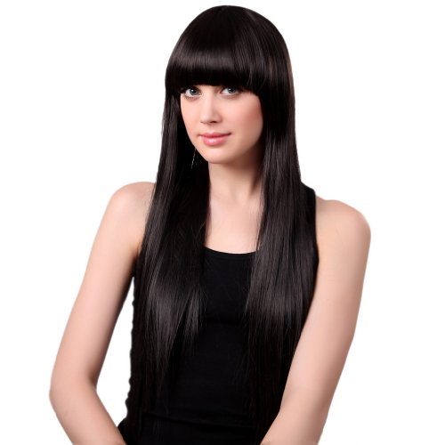 Bigood 65cm Fashion Natural Smooth Party Neat bang Black Long Straight Wig