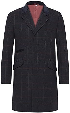 Men's Wool Mix Slim Fit Checked Coat Herringbone Tweed Crombie Luxury Overcoat (2XL (44-46"), Navy Check)