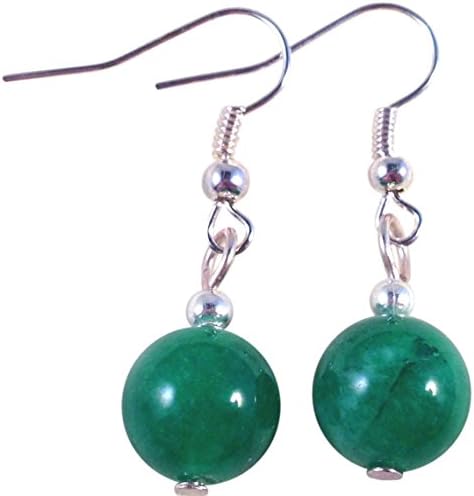 Vilda JewelleryGreen Jade Earrings, Round 10mm Natural Stone Beads on Nickel Free Silver Tone Hooks : 35mm long, Handmade Green Stone Drop Earrings for Women