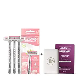 LetsShave Evior 3 Blade Plus Disposable Razor for Women (Pack of 3) with Hydrating Bath Soap for Men & Women Both with Ginseng, Green Tea & Aloe Vera