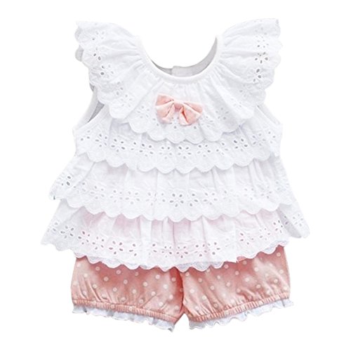 SODIAL(R) Baby Toddler Girl Ruffled T-shirt Top+Dots Shorts Suits 2pcs Outfit Clothes -Pink,90