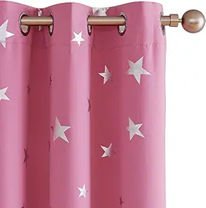 MOTIFS Polyester Thermal Insulated Blackout Curtains for Girls Room with Silver Star Print 4 x 5 feet Pink 1 Pair