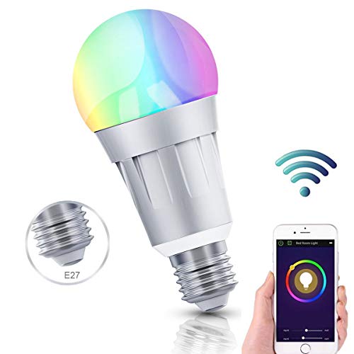 Smart Wifi bombilla, feyg Smart LED luz bombillas E27 B22 RGB Color funciona con Amazon Alexa Eco Control por Smartphone (IOS/Android), Plateado (E27-1PACK-2)