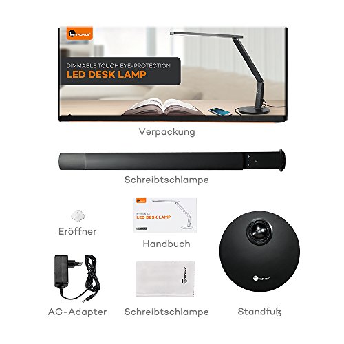 Schreibtischlampe Led TaoTronics 15W Schreibtischleuchte led Tageslichtlampe Augenschutz 4 Helligkeitsstufen Lampenarm einstellbar mit USB-Anschluss zum Aufladen von Smartphones und Tablets, Schwarz - 7