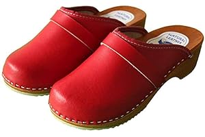 PAFOLI Womens Leather Clogs - Swedish Handmade White Black Red Brown Wooden Sole Sandals - Ladies Shoes with Strap - Many Sizes UK