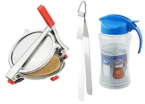 Vessel Crew Combo of Stainless Steel Puri/Roti Maker Press, Stainless Steel Roti Chimta/Tong and Plastic Oil Dispenser