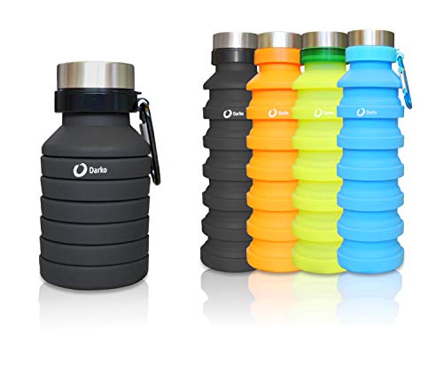 Darko - Borraccia Pieghevole, Silicone, Ecologica, BPA Free, ermetica, Palestra, Escursionismo, Campeggio, Corsa, Trekking, con Gancio, Morbida, 550ml (Nera)