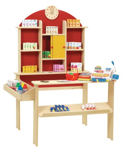 Preisvergleich Produktbild roba Kaufladen, Kinder Kaufmannsladen, inkl, Kaufladenzubehör, Holz natur, Verkaufsstand mit Theke, Uhr, roter Rückwand & gelben Schiebetüren