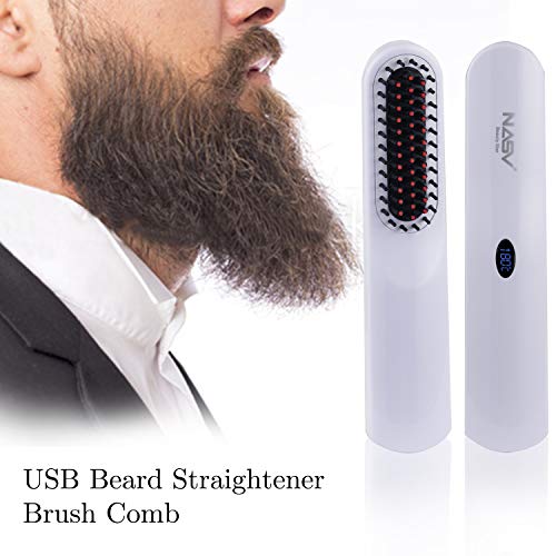 Cepillo Alisador de Barba para Hombres, Plancha Barba Hombre Sin Cable, Temperatura Ajustable, Pantalla LCD digital, Doble Tensión y Portátil para Viajes (Blanco)