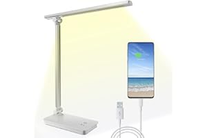 SunTop Lampe de Bureau LED, 3 Niveaux de Luminosité 5 Modes de Couleur avec Tête de Lamp Rotative et Réglable, Contrôle Tactile Protection avec Port Chargeur USB pour Charger Smartphone (Argent)