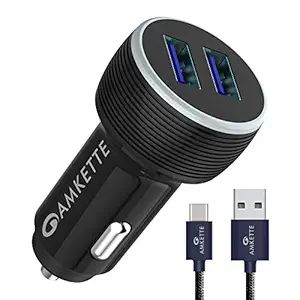 Amkette Power Pro Dual QC USB Car Charger Smart Charging with Quick Charge 3.0 + Type C Cable (Black)