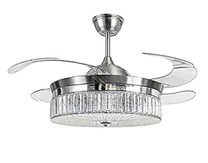 Kanz Enterprises Designer Modern Imported Ceiling Fan with Transparent Acrylic Retractable Blades with LED Light & Remote Control, Lookalike Chandelier Lamp K-518, Silver