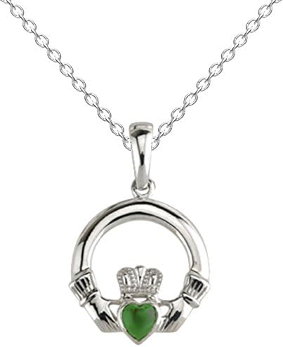 Irish Celtic Claddagh Silver &amp; Green Agate Pendant with 20" Silver Chain -Gift Boxed