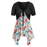 Yvelands Damen Sommerkleider Set Mode Kurzarm Bogen Knoten Verband Top Sunflower Print Minikleid Anzüge T-Shirt(Schwarzes T-Shirt),CN-2XL