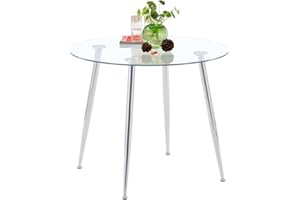 ‎GOLDFAN GOLDFAN Esstisch Glas küchentisch Esszimmertisch Glas mit Verchromte Beine Moderner Stil Runder Tisch für Wohnzimmer Büro Küche