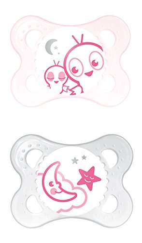 MAM Night Glow in the Dark Soothers Suitable 0 months + with Sterilisable Travel Case (Pack of 2, Pink/White)